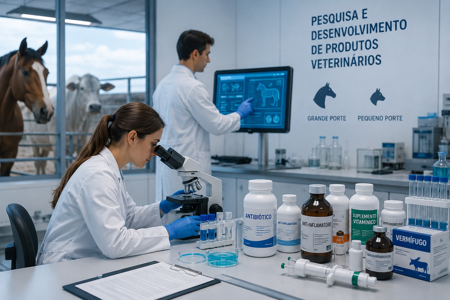 Equipe realizando pesquisa e desenvolvimento de produtos veterinários em laboratório